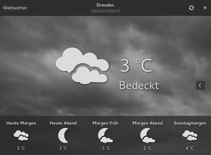 Wetter-App im neuen Theme als Beispiel einer dunklen App mit HeaderBar.