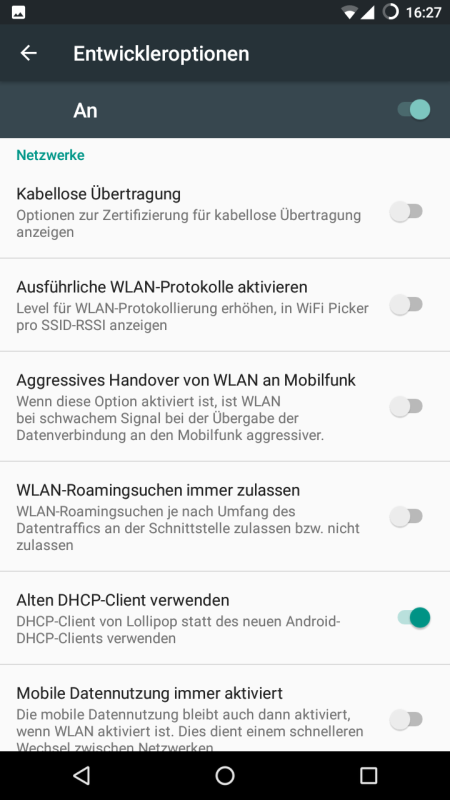 In den Entwickleroptionen ist eine Option zur Verwendung des alten DHCP-Clients verfügbar.